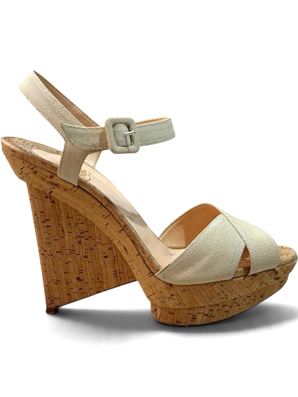 Christian Louboutin Beige Canvas Cork Platform Wedge Sandals Size 40